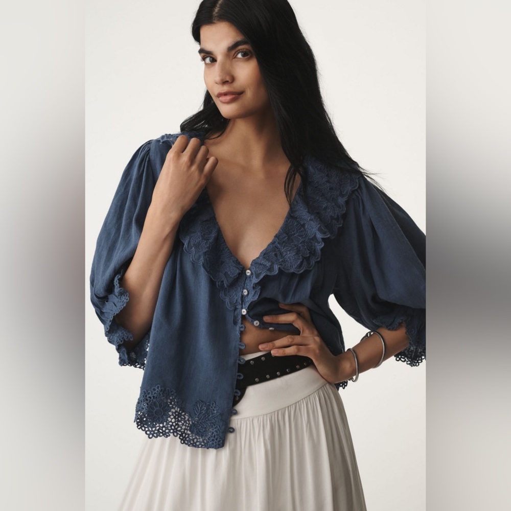 Anthropologie Navy Blue Lace-Trim Peasant Blouse